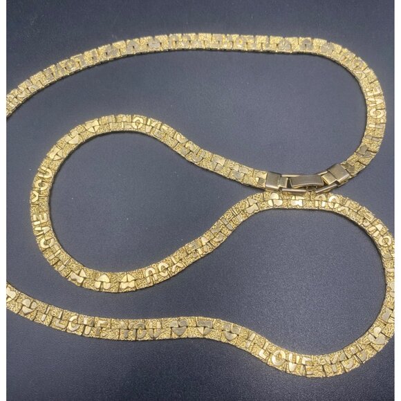 Vintage Gold Tone I LOVE YOU Necklace 24" Textured heart Pattern Flat Link Chain - Picture 5 of 6